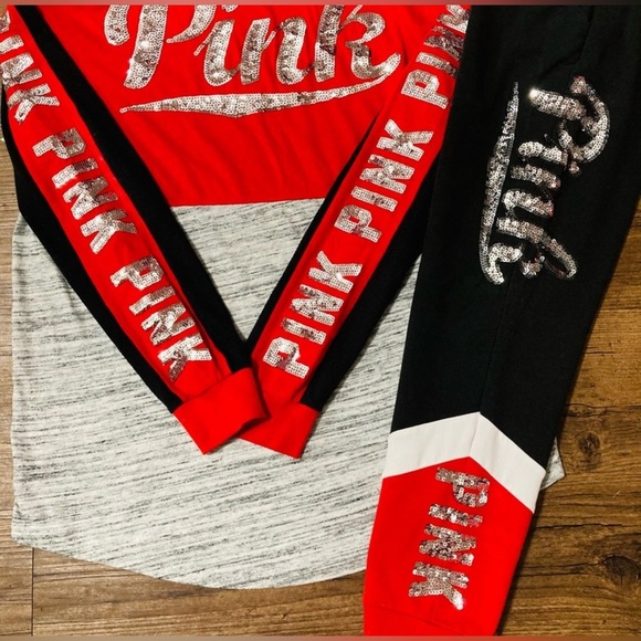 PINK Victoria's Secret bling color block tshirt/ Joggers outfit set S/M - Picture 1 of 15